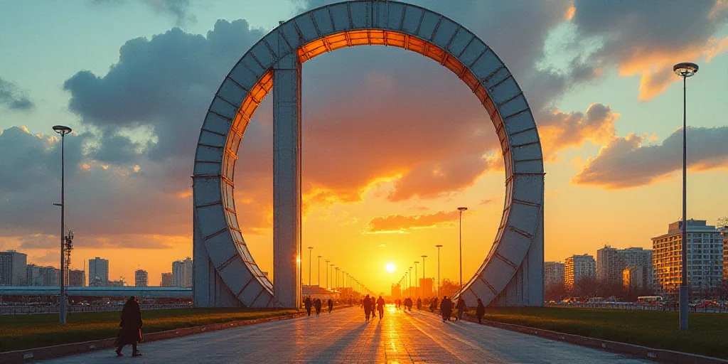 a large metal structure with a sun setting behind it and a sky background with buildings in the back
