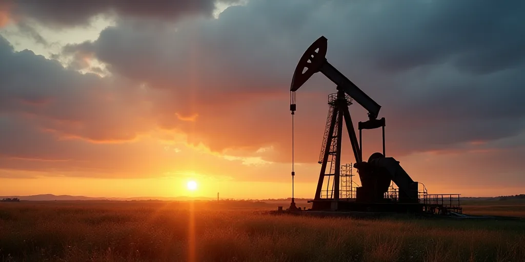 a large oil pump sitting on top of a field under a cloudy sky at sunset with the sun setting, Andrie