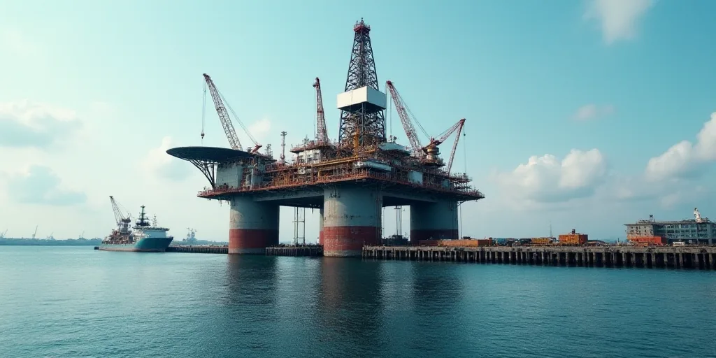a large oil rig sitting on top of a large body of water next to a dock with a crane, Bascove, oil, a