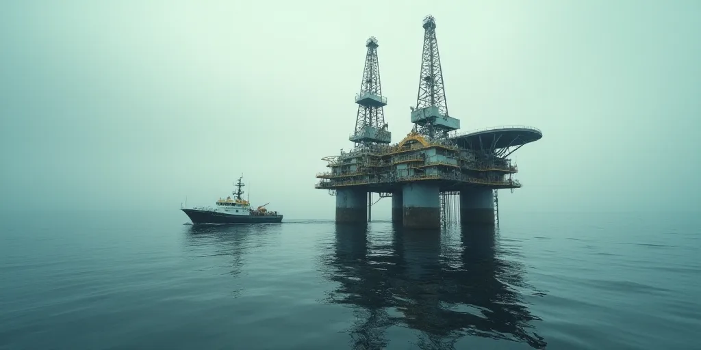 a large oil rig sitting on top of a large body of water next to a boat in the ocean, Bascove, oil, a