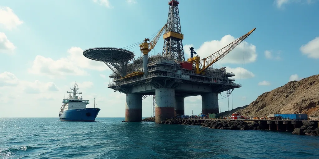 a large oil rig sitting on top of the ocean next to a large boat in the water near a dock, Enguerran