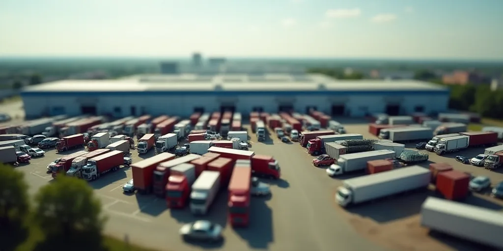 a large parking lot filled with lots of cars and trucks next to a factory building with a large amou