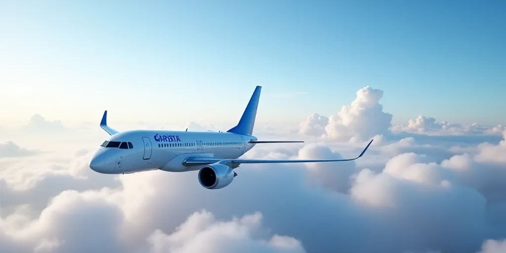 a large passenger jet flying through a cloudy sky above the clouds in the sky is a blue and white pl