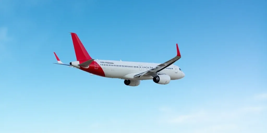 a large passenger jet flying through a blue sky with a red tail and tail end on it's side, Ei-Q, fot