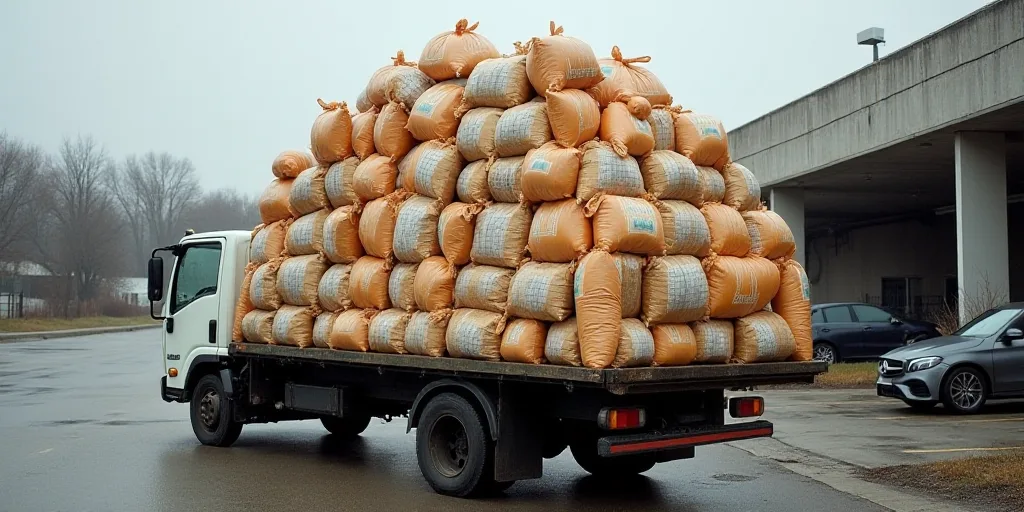 a large pile of bags of food sitting on top of a truck bed in a parking lot next to a building, Edi