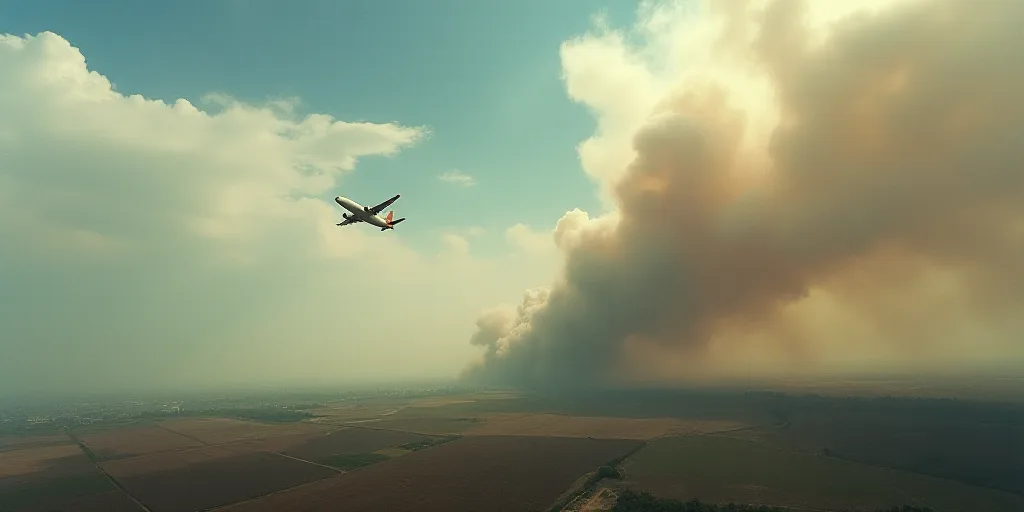 a large plume of smoke is seen from an airplane as it flies over a field and land area in the distan