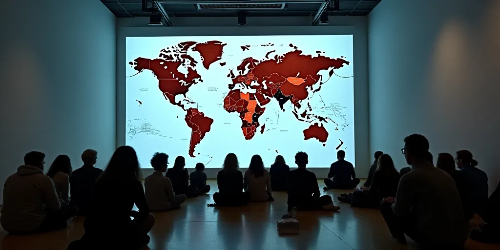 a large projection screen with a map of the world on it's wall and people sitting in front of it, É