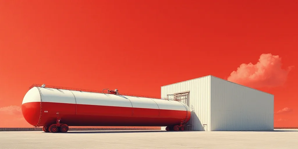 a large red and white tank sitting next to a large white building with a red sky in the background,