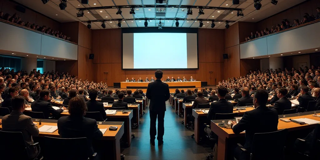 a large room filled with lots of people sitting at desks and chairs in front of a screen and a speak