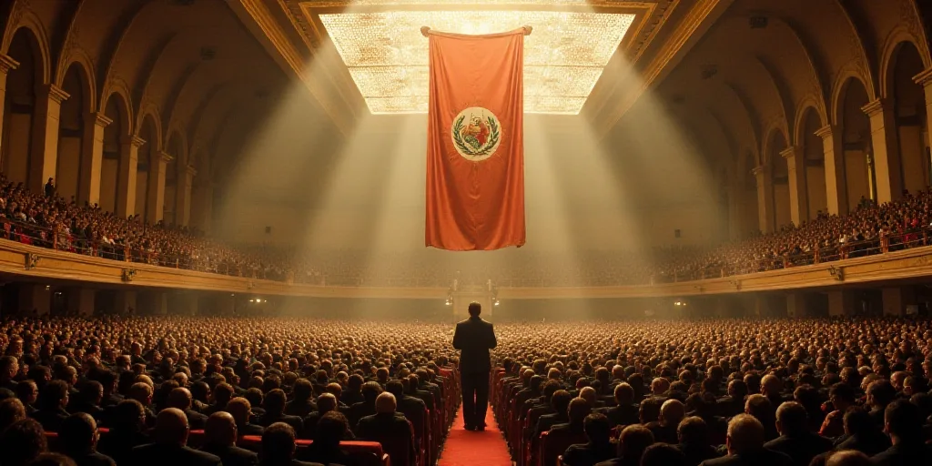 a large room filled with lots of people and a flag hanging from the ceiling of the room with a podiu
