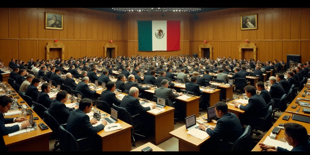 a large room filled with people sitting at desks and computers in front of them, with a flag hanging