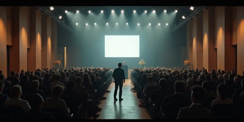 a large room filled with people sitting in chairs and standing in front of a podium with a screen on