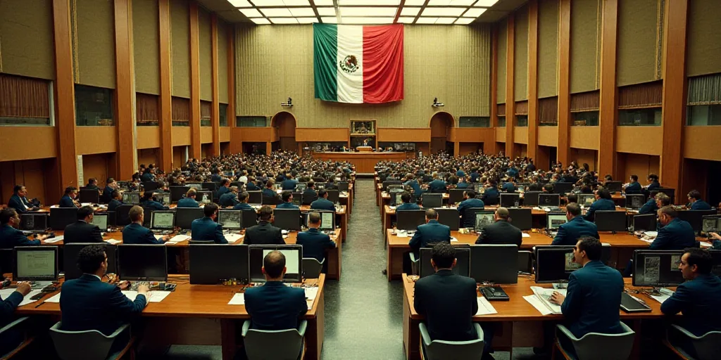 a large room filled with people sitting at desks and computers in front of them, with a flag hanging