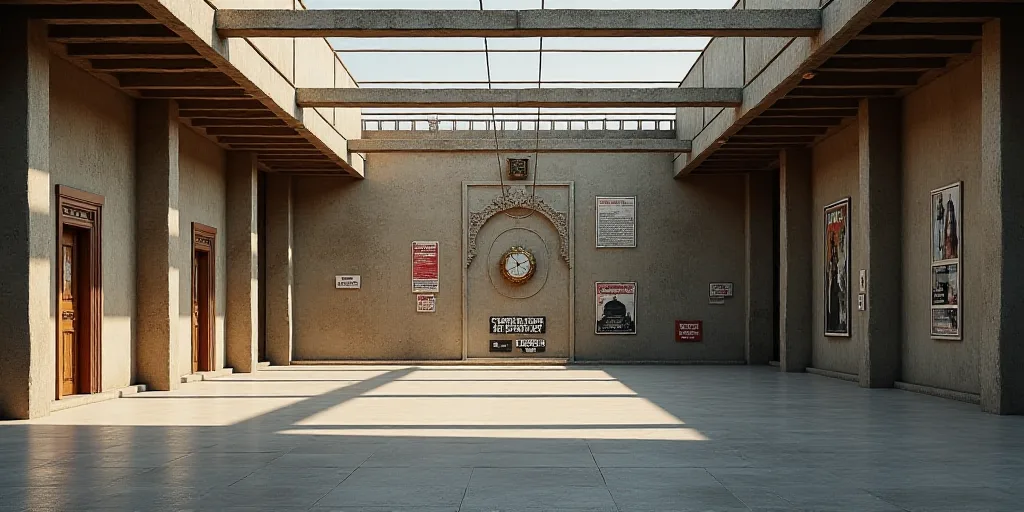 a large room with a bunch of signs on the wall and a clock on the wall in the center, Edi Rama, 3 d