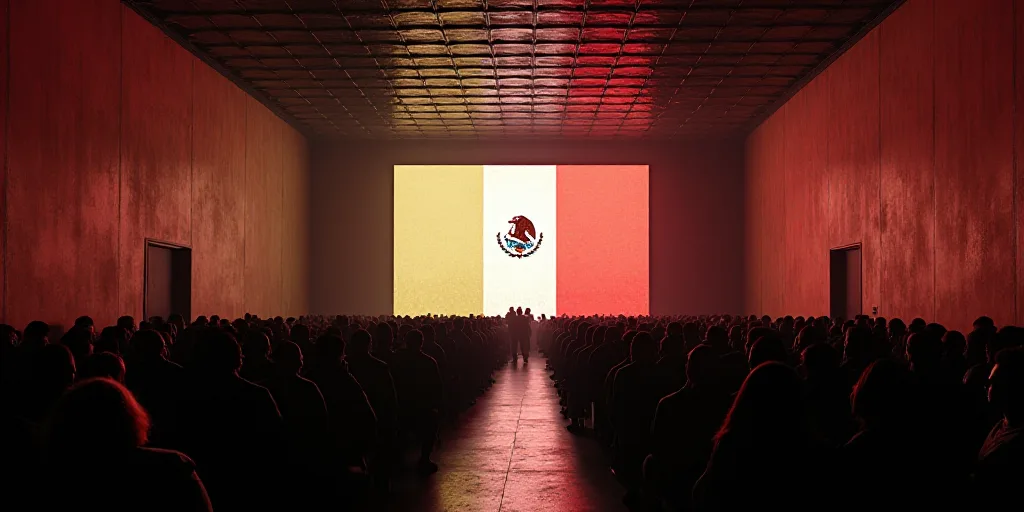 a large room with a large screen and a lot of people standing around it with a flag on it, David Alf