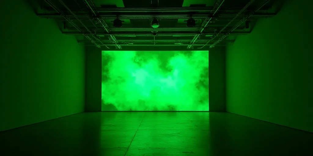 a large room with a lot of lights and a big screen in the center of it that is green, David Alfaro S