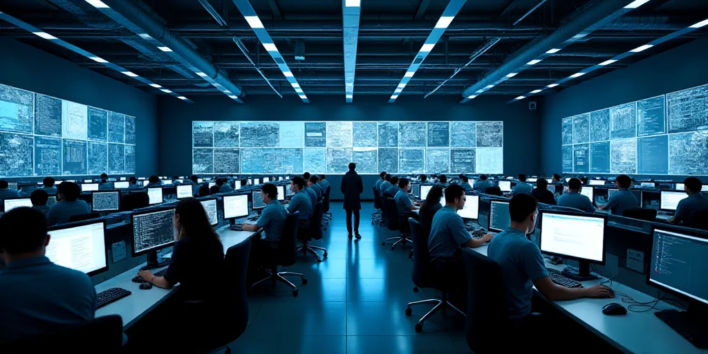 a large room with a lot of people working on computers and a lot of monitors on the wall above, Andr