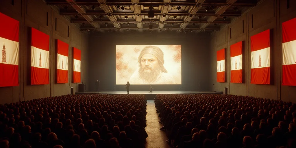 a large room with a stage and a lot of people in it with a flag on the wall and a large screen, Davi