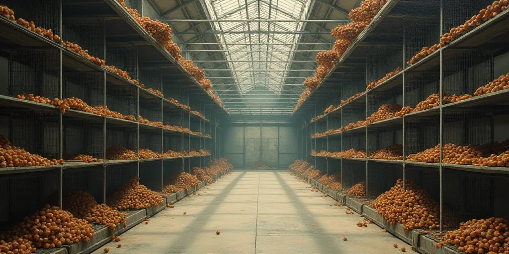 a large room with many cages full of food items and a ceiling with a metal grid over it that has sev