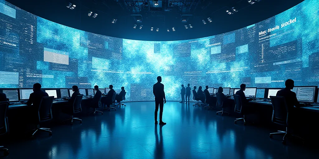 a large room with many monitors and people walking around it and a man standing in the middle of the