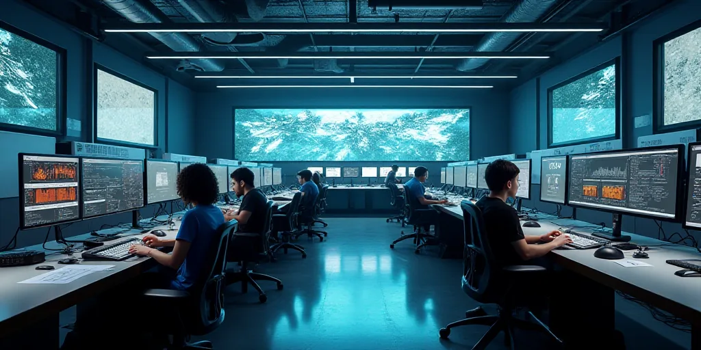 a large room with multiple monitors and tables in it's center area, with people working on computers