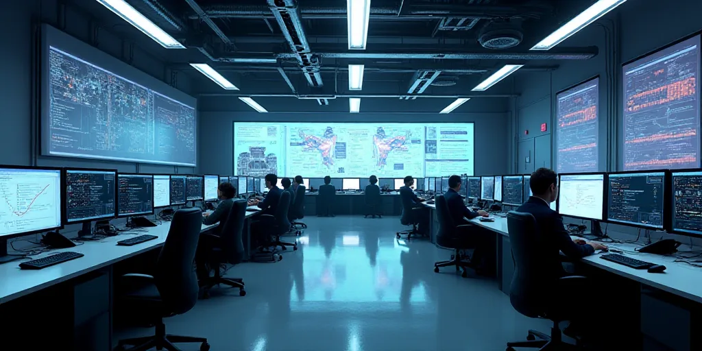 a large room with multiple monitors and tables in it's center area, with people working on computers