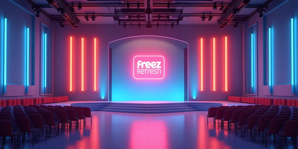 a large room with rows of chairs and a podium with a sign that says freez refresh and a row of chair
