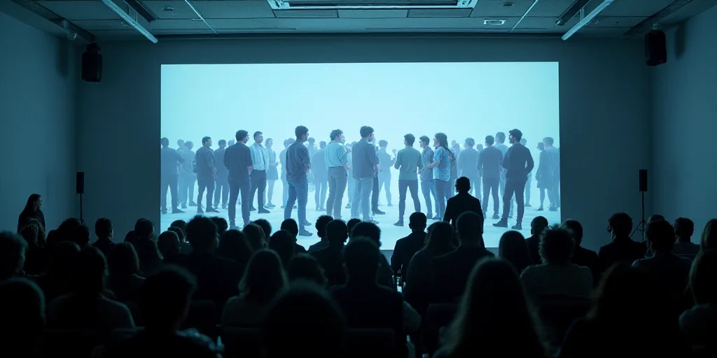 a large screen with a number of people on it in a room with a crowd of people sitting in front of it