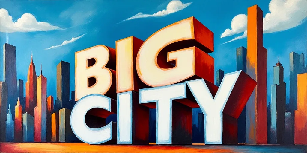 a large sign that says big city in front of a cityscape with a sky background and a blue sky, Federi