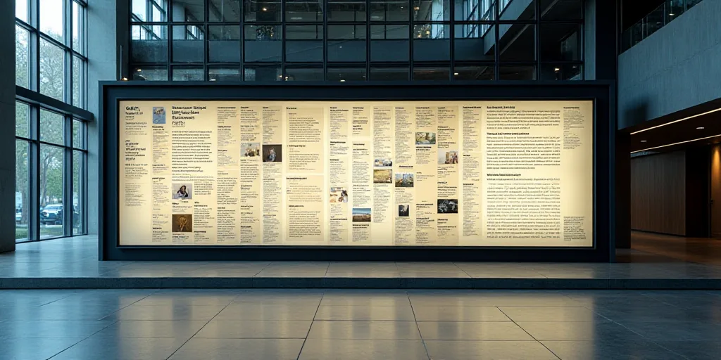 a large sign with a lot of information on it's side in a building with a lot of windows, Ei-Q, scree