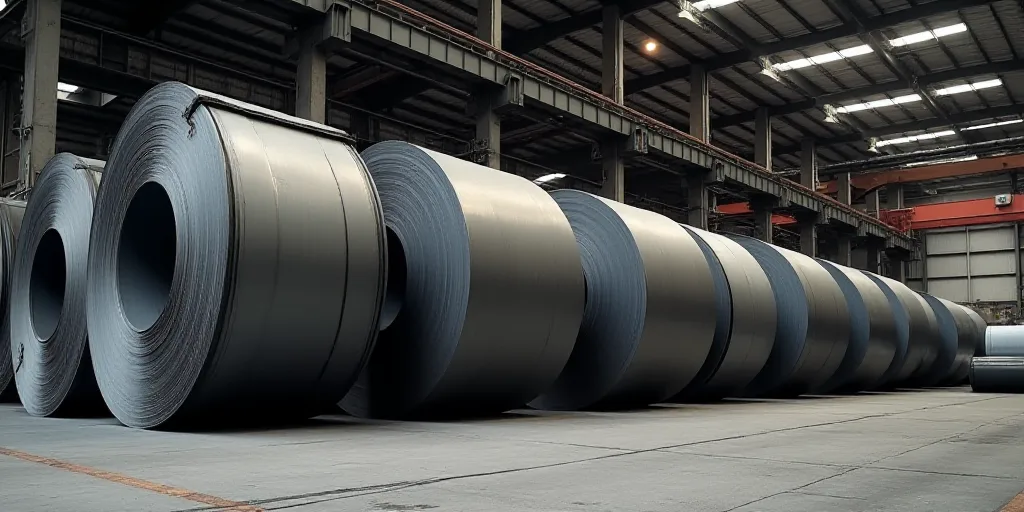 a large stack of steel rolls in a warehouse with a ceiling in the background and a few other rolls o