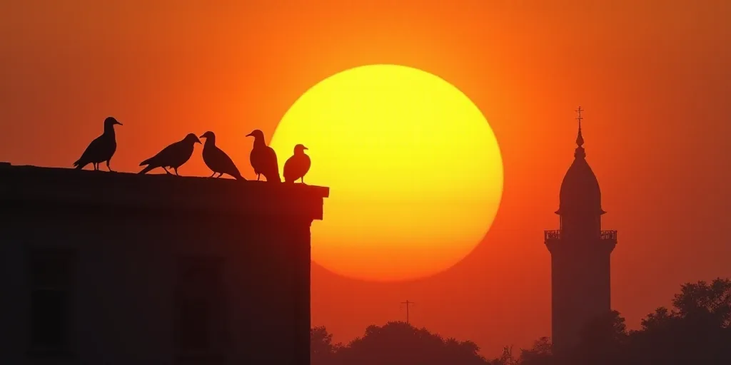 a large sun setting behind a building with birds on it's roof and a tower in the background, Aya God