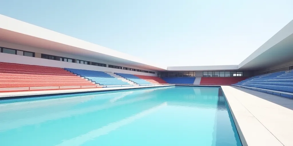 a large swimming pool with a row of blue and red benches next to it and a row of white and blue benc