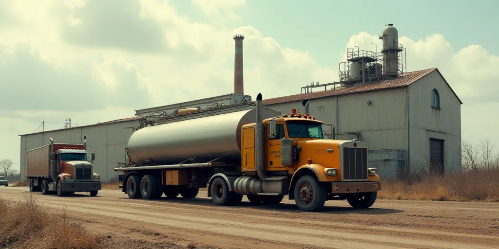 a large tanker truck parked in front of a factory with a large building in the background and a truc