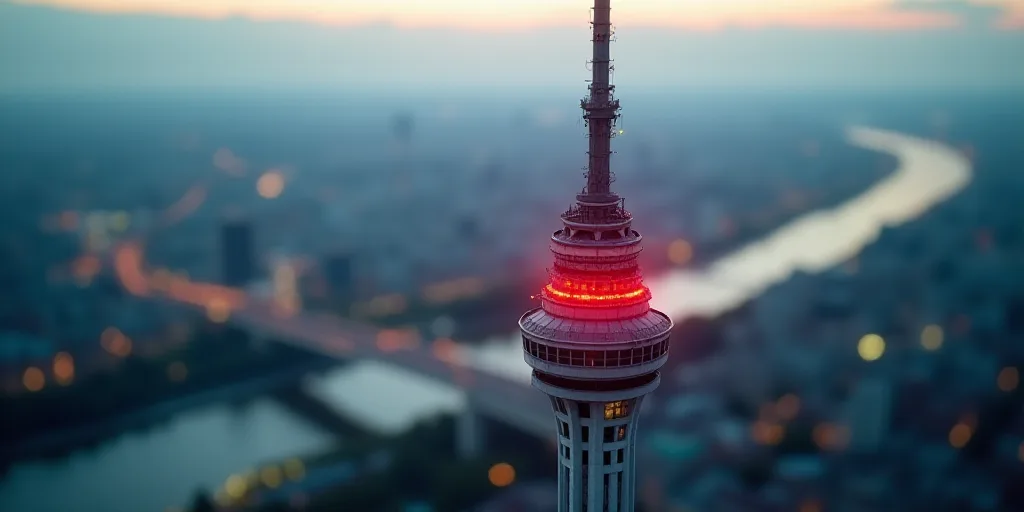 a large tower with a red light on top of it's side in a city next to a river, Dahlov Ipcar, zenith v