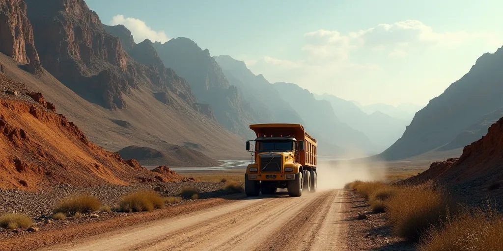 a large truck driving down a dirt road near a mountain side area with a large open pit in the backgr