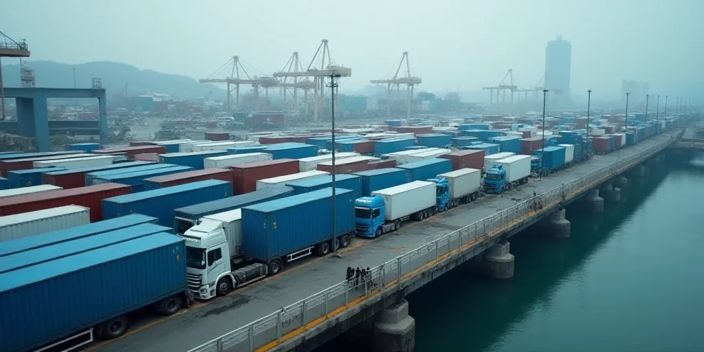 a large warehouse filled with lots of blue and white containers and trucks next to each other on a b