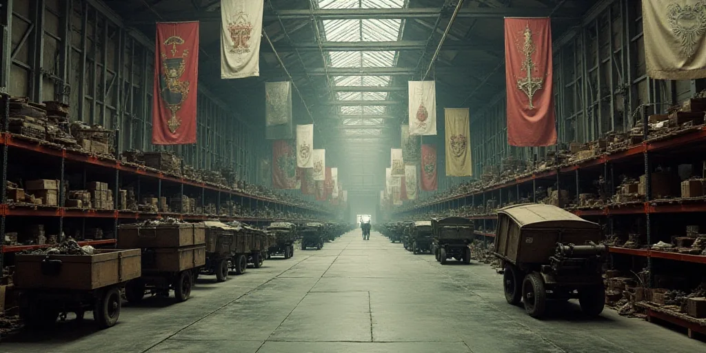 a large warehouse with many carts and flags hanging from the ceiling and a row of shelves with vario