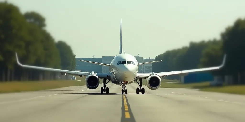 a large white airplane on a run way with trees in the background and a building in the background wi