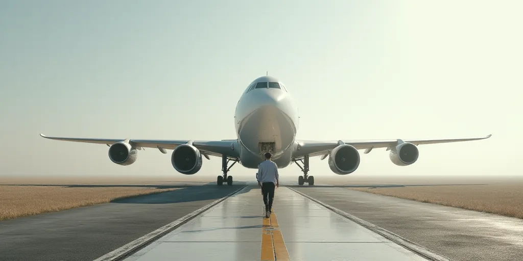 a large white airplane on a run way with a man walking towards it and a man walking towards it, Dahl