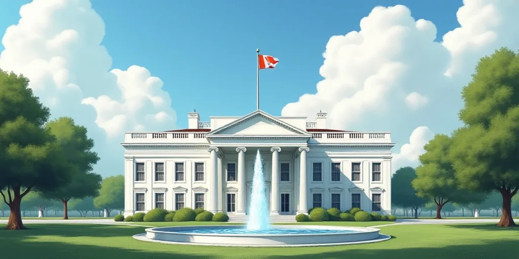 a large white building with a fountain in front of it and a flag pole on top of it and a flag pole o