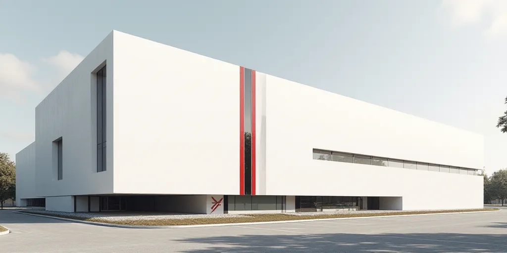 a large white building with a red and black stripe on it's side and a red and white stripe on the si