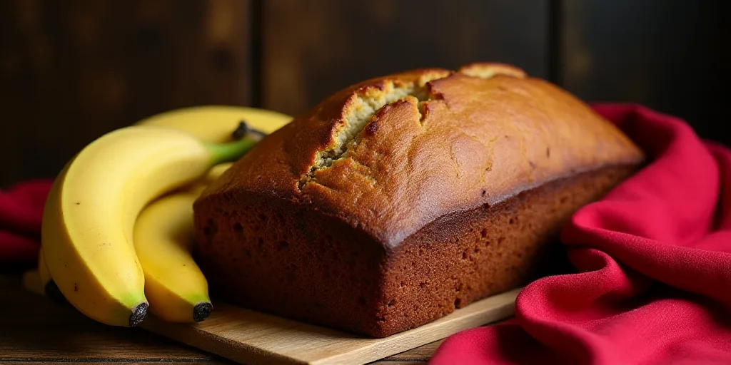a loaf of banana bread with a red cloth and some bananas around it on a wooden table top with a red