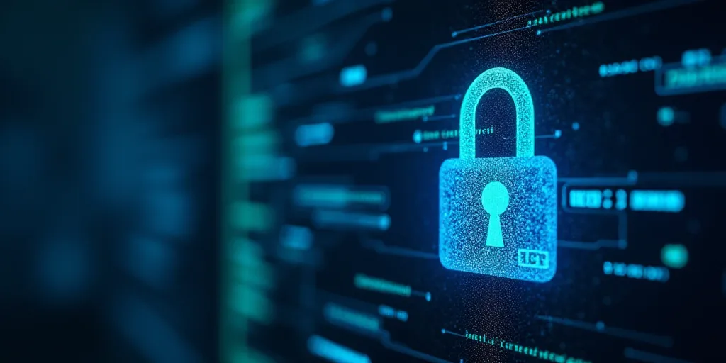 a lock on a computer screen with a glowing background of data and numbers in the background is a glo