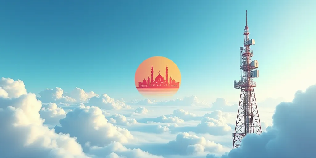 a logo for a company with a sky background and clouds in the background with a radio tower in the ba