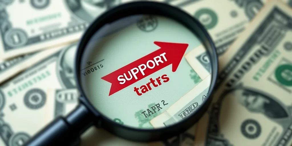 a magnifying glass with a red arrow that reads support tarifs on it and dollar bills in the backgrou