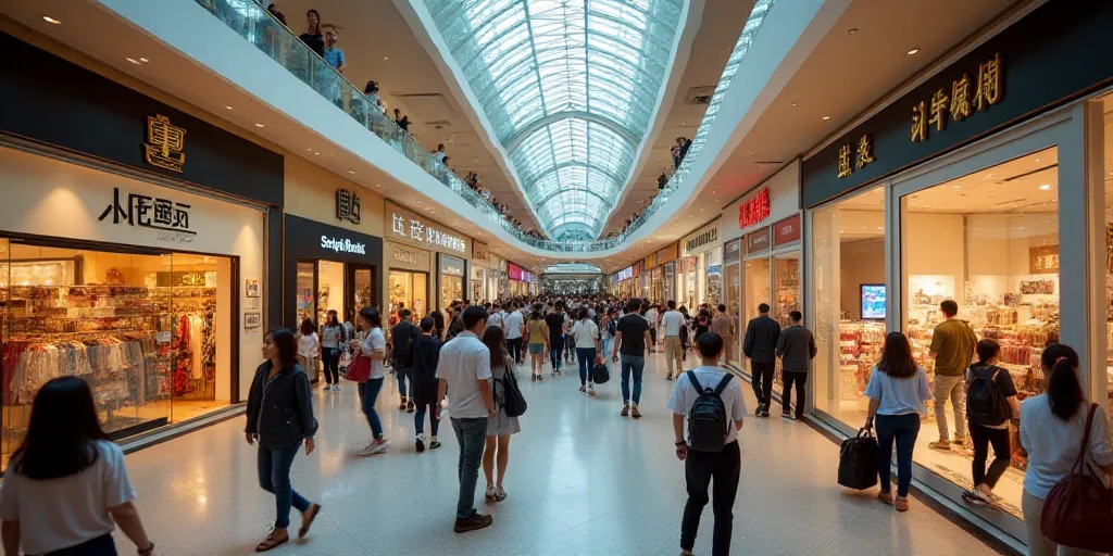 a mall filled with lots of people walking around it's shops and stores filled with people walking ar
