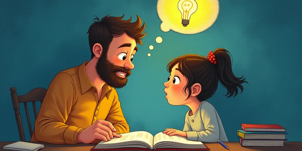 a man and a girl are looking at a book together with a light bulb above them and a question bubble a