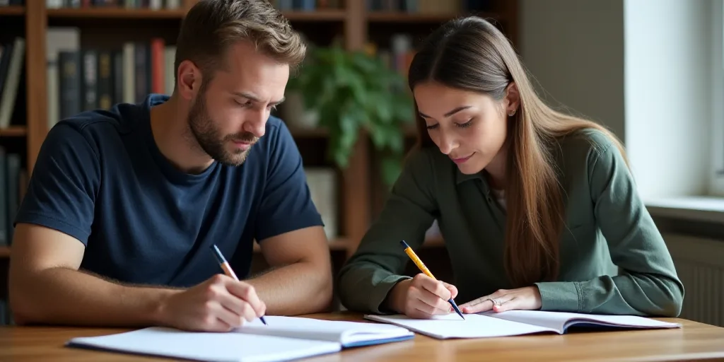a man and a woman are sitting at a table writing on paper and looking at a notebook with a pencil, B