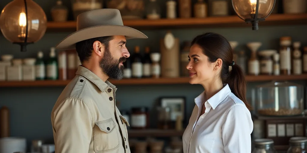 a man and a woman are talking in a pharmacy shop with a man in a cowboy hat and a woman in a white s